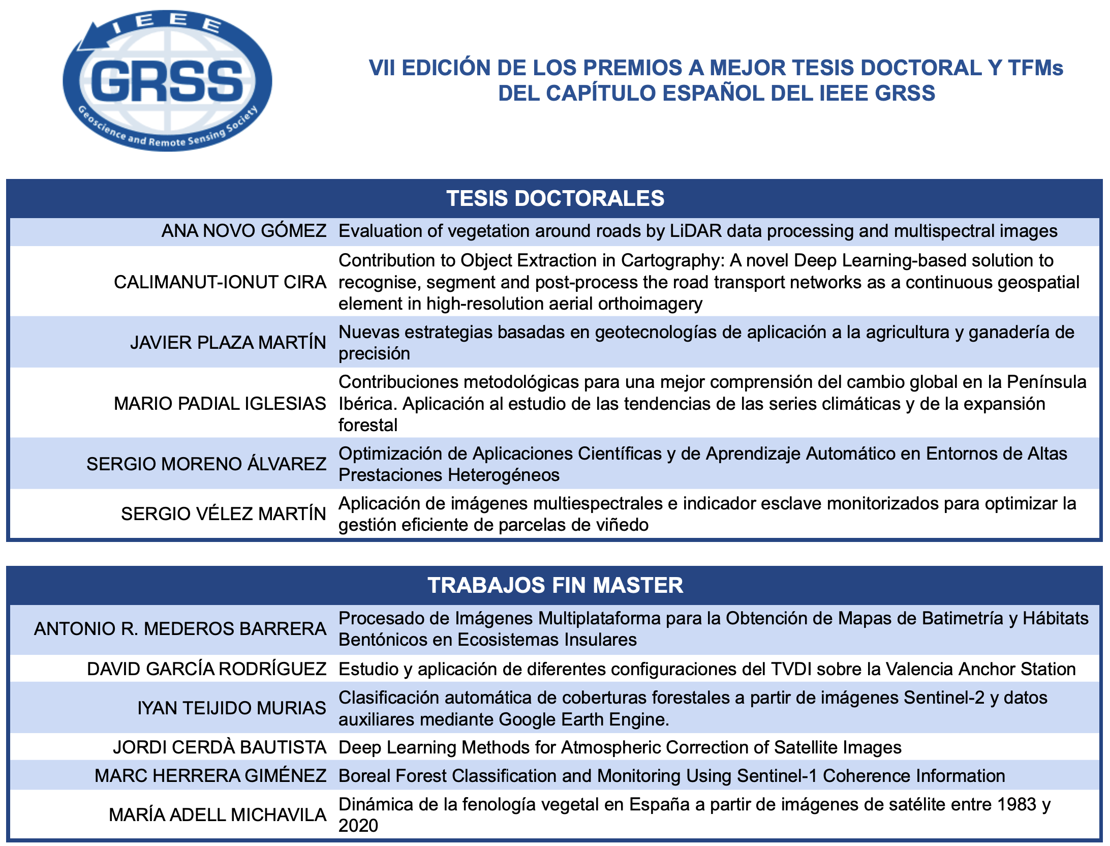 Tabla de trabajos presentados en la VII edición de los premios a mejor tesis y TFMs de teledetección, del Capítulo Español del IEEE GRSS